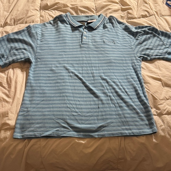 Gently Used Mecca Short-Sleeved Men’s Light Blue Polo w/Navy Blue/White Stripes - Picture 1 of 8